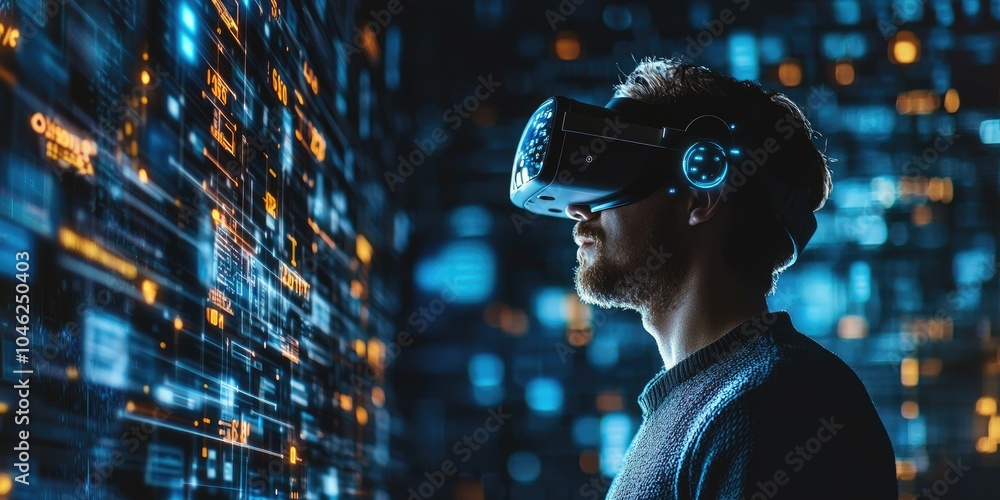 Aufkleber man wearing vr glasses and accessing the technology internet, multimedia, storage network connection