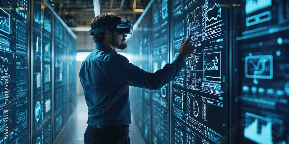 Poster man wearing vr glasses and accessing the technology internet, multimedia, storage network connection