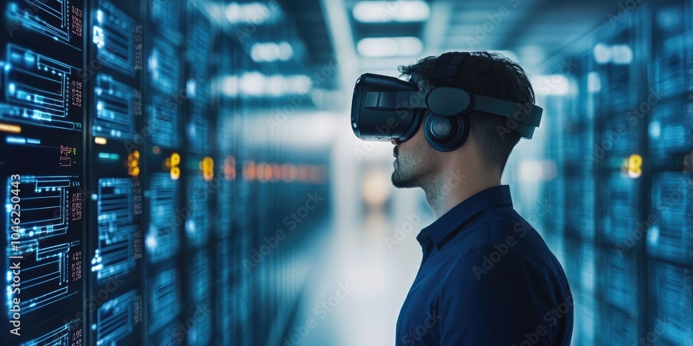 Aufkleber man wearing VR glasses and accessing the Technology Internet, multimedia, Storage Network connection Concept And a large database big data Through internet technology. E-