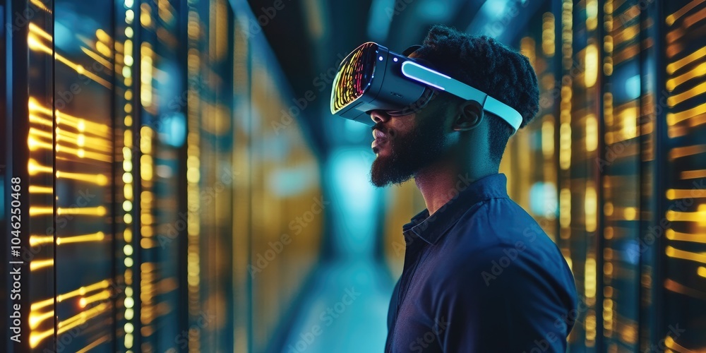 Poster man wearing vr glasses and accessing the technology internet, multimedia, storage network connection