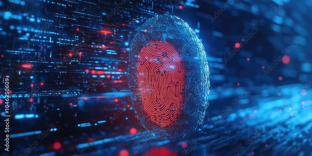 Poster futuristic digital processing of biometric identification fingerprint scanner. concept of surveillan