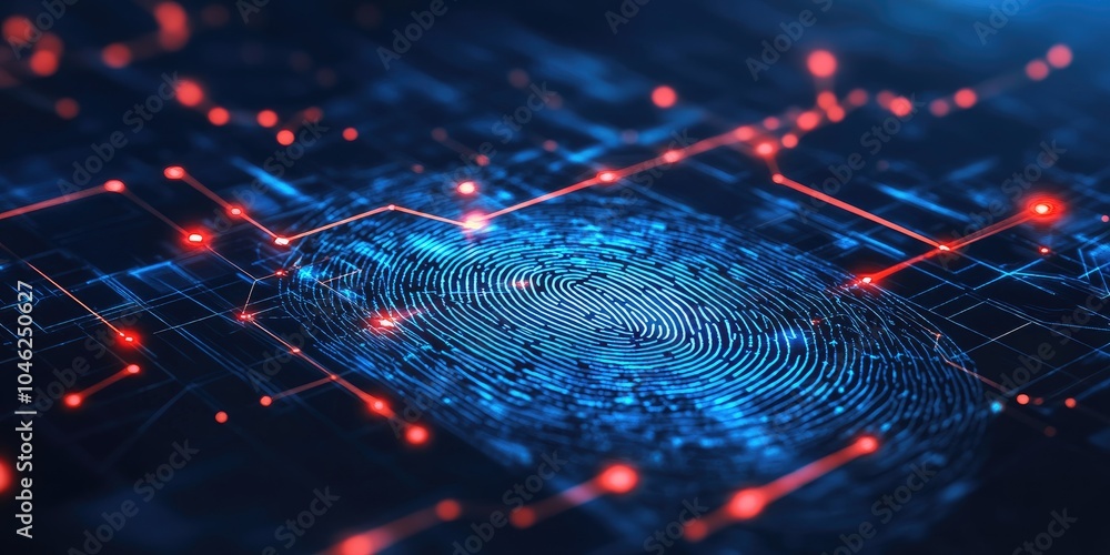 Poster futuristic digital processing of biometric identification fingerprint scanner. concept of surveillance and security scanning of digital programs cyber futuristic applicat