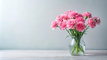 Fototapeta premium A bouquet of fresh pink carnations arranged in a elegant vase with a minimalist background, arrangement design, pink carnations, minimalist decor, decorative vases