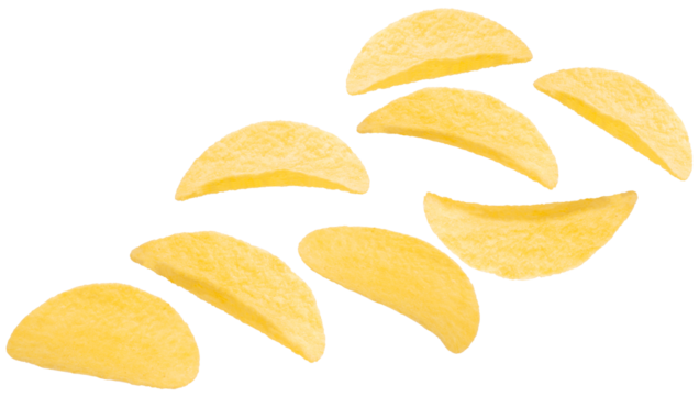 Potato chips flying on white background,Flying Chips Images isolate on white PNG File.