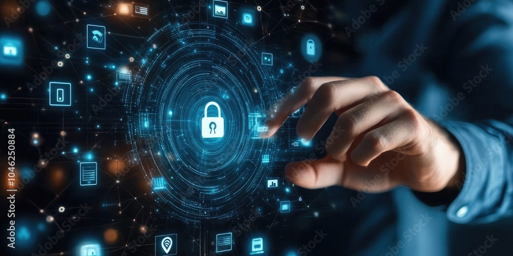 Leinwandbilder Cyber Protection Data Security Internet Privacy, Internet and technology concept on virtual screen. Man touching on lock icon
