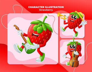 Cute strawberry characters playing musical instruments