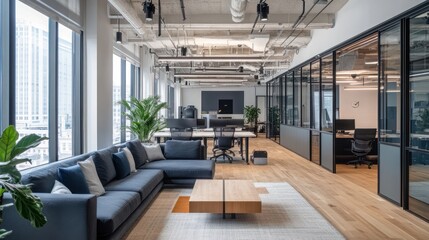 A modern hybrid work office with a mix of collaborative spaces and individual work desks, optimized for remote work integration and team communication