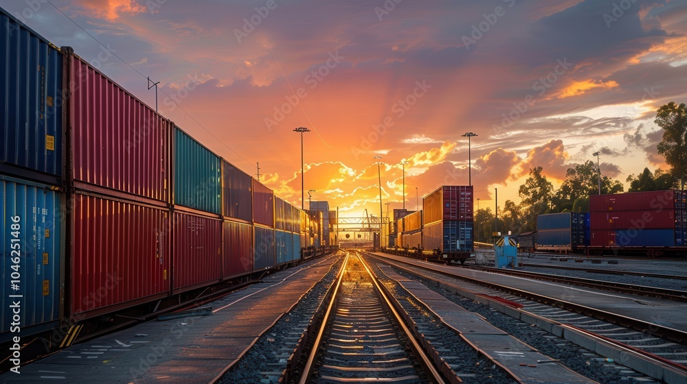 Leinwandbilder containers are being efficiently transferred from trucks to a train as the sun sets, showcasing seam