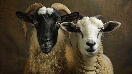 Fototapeta premium A goat and a sheep posing for a portrait