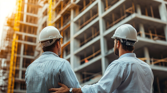 engineer and site manager collaborating on a remote construction project, using digital monitoring tools and virtual communication to manage the building process