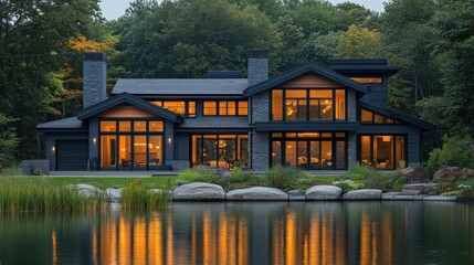 Obraz premium Modern house by a serene lake surrounded by lush greenery.