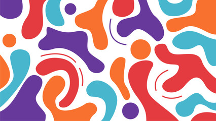 Vibrant Pattern Background, Abstract Fluid Blob Design with Seamless Purple, Orange, Red and Turquoise Organic Shapes on White Surface