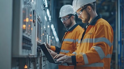 Using a laptop computer, two maintenance experts examine a relay protection system. Medium voltage switchgear is managed by a bay control unit.