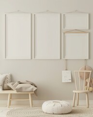「壁に飾られた白いキャンバスモックアップ。ナチュラルな木製家具をあしらった子供部屋インテリア。中間色のベージュの背景に空のポスターテンプレート」