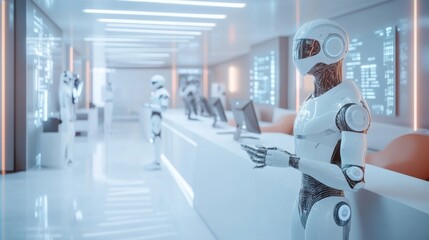 A futuristic office space with advanced AI-powered robots working alongside humans, holographic data screens floating in the air, and sleek, minimalist architecture. 