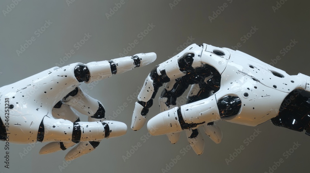 Poster two robotic hands reaching towards each other in a symbolic gesture.