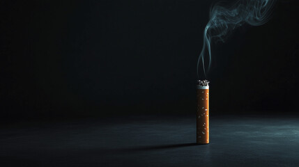 Great American Smokeout concept,glowing cigarette stands alone in a dark environment,releasing a delicate plume of smoke,evoking a sense of isolation and reflection,copy space
