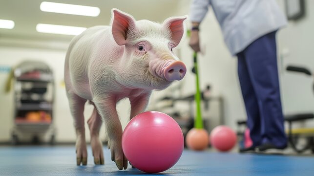 A pig participating in a weight management program, monitored by a veterinarian, using exercise balls and a walking track