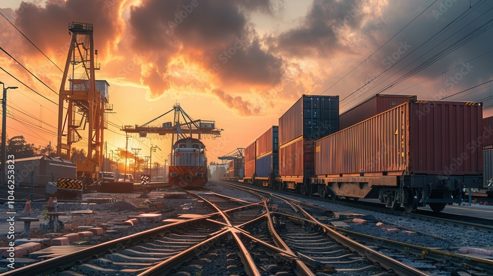 Aufkleber Containers are being efficiently transferred from a truck to a train at a transport terminal during a stunning sunset. Generative AI