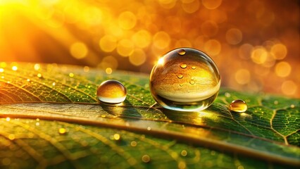 Obraz premium A delicate drop of dew clings to a leaf against a warm yellow background with hints of green and brown, dew, leaf, natural, brown, green