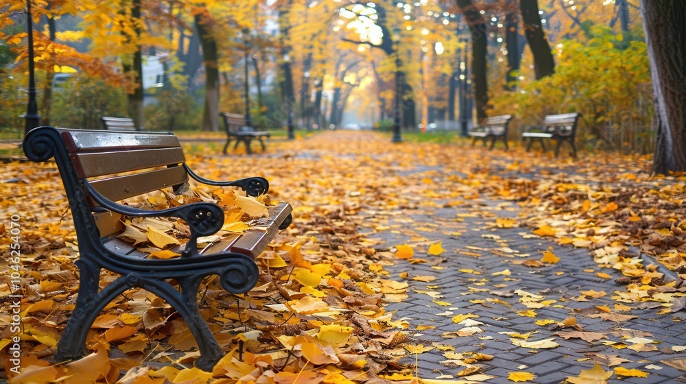 Aufkleber Visitors stroll along a serene pathway in an urban park adorned with vibrant fallen leaves and inviting benches in autumn. Generative AI