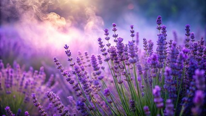 Obraz premium A delicate lavender mist drifts upwards from a patch of overgrown lavender flowers, mist, overgrowth
