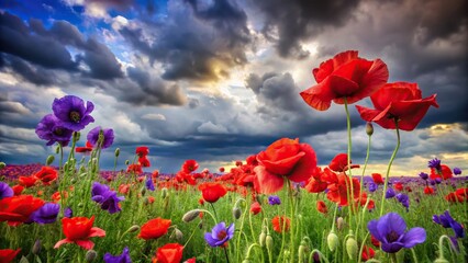 Obraz premium A delicate mix of red poppies and purple irises growing amidst the softness of a cloudy sky, serene landscape, wildflowers, cloudy sky