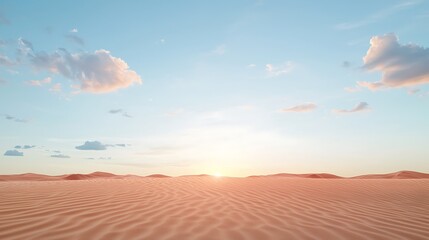 Vast desert landscape with sand dunes and a dramatic sunset, creating a stunning backdrop for a national park advertisement with copy space, deep depth of field