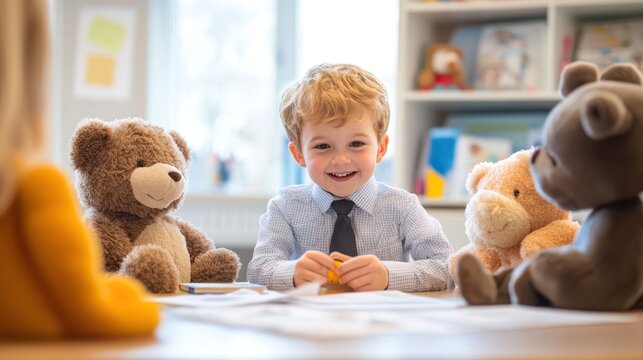 A preschool entrepreneur dressed formally, engaging in a pretend board meeting with plush toys as business partners - Powered by Adobe