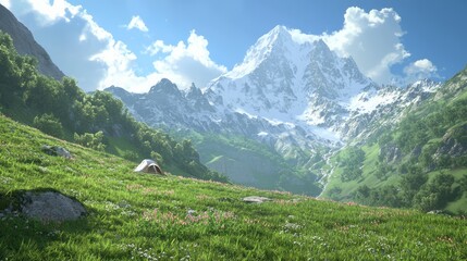 Idyllic Nature Camping Retreat - Peaceful Mountain Campsite with Tent, Wildflowers, and Snow-Capped Peaks in Ultra-Detailed View