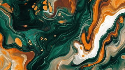 Abstract swirling patterns in vibrant green, orange, and white hues.