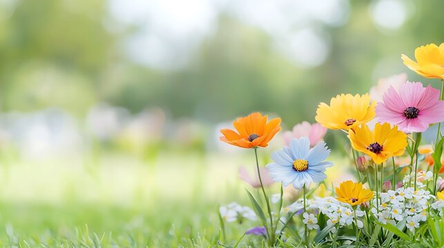 Vibrant spring blossoms in a garden, with soft-focus background and space for text, high-end nature photography style, deep depth of field
