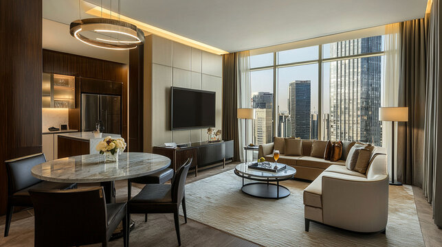 A high end hotel suite with an open floor plan