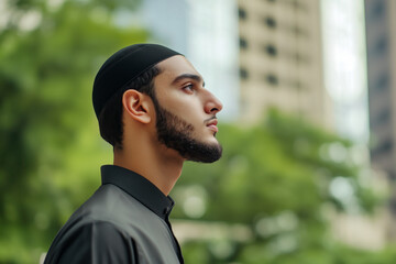 Side Profile of Bearded Arab Muslim Man Wearing Black Kufi Outdoors
