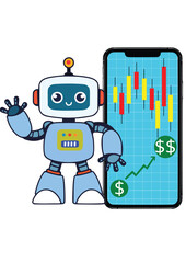 a cartoon robot standing next to a smartphone displaying a candlestick trading chart. There are dollar signs and an upward green arrow, symbolizing financial growth or profit. The robot represents the