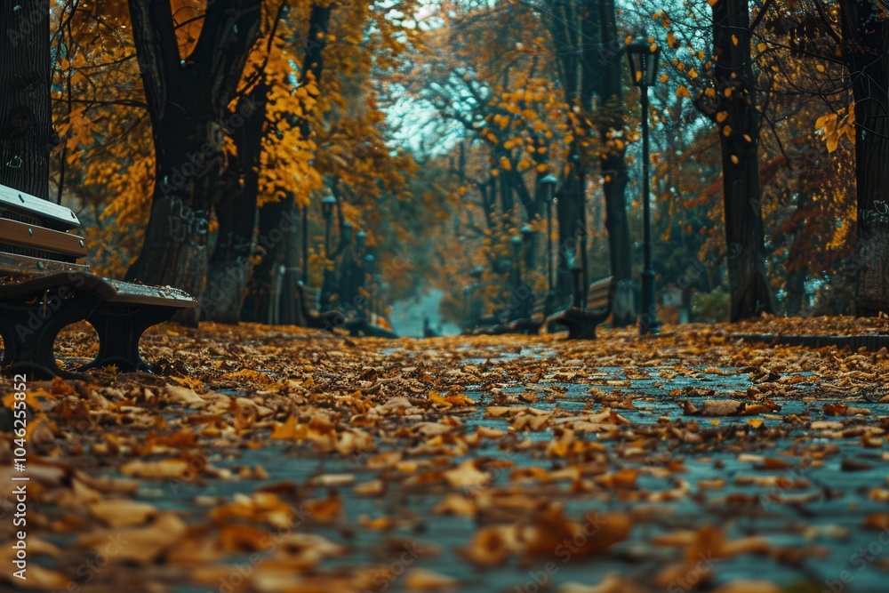 Poster Leaves blanket the pathways of the urban park, while benches invite visitors to enjoy the serene autumn atmosphere. Generative AI
