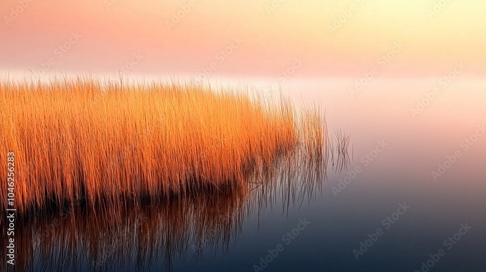 Poster expansive tidal marsh at sunset with tall grass reflections and calm waters creating a serene landsc