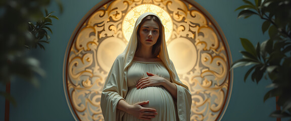  Religious portrait of a pregnant woman with a golden background