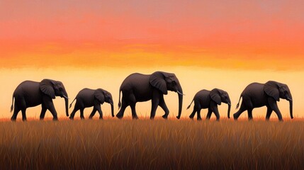 Fototapeta premium Breathtaking panoramic view of a vast grassland savanna at sunset with elephants in silhouette