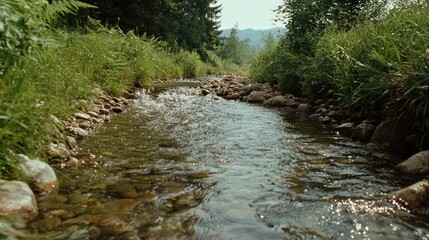 A serene journey the gentle flow of a mountain stream through vibrant nature