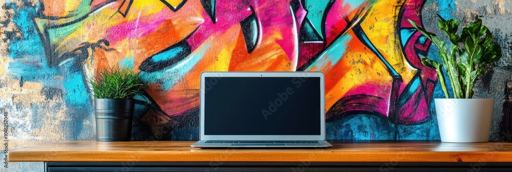 Aufkleber a modern laptop rests on a polished wooden desk, contrasting with a colorful graffiti background in 