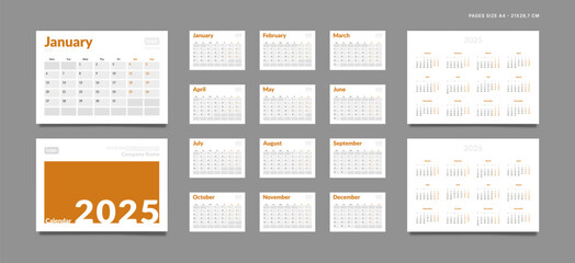 Set of 2025 Pages Monthly Calendar Planner Templates, Cover with Place for Photo, Company Logo, Annual. Design of Vector layout Calendar Pages size A4-21x29.7 cm in for print. Week start on Monday