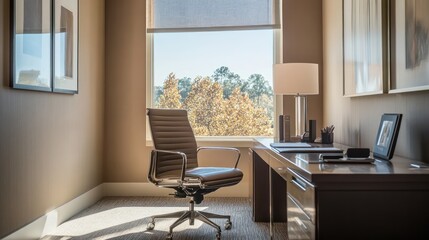 Fototapeta premium A small, private office room with a comfortable chair, large desk, and soft carpeting to create a quiet and distraction-free workspace