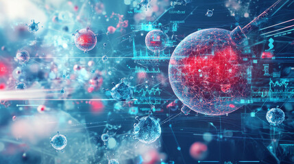 An abstract representation of medical research, with floating molecules, cells, and medical symbols interacting in a digital space