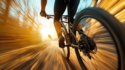 Naklejka premium Mountain biker speeding along a sunlit trail with motion blur effect.