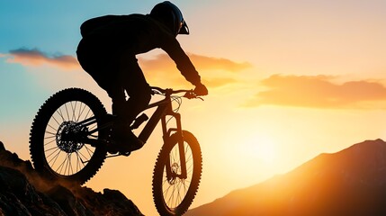 Obraz premium Silhouette of a mountain biker descending at sunset.