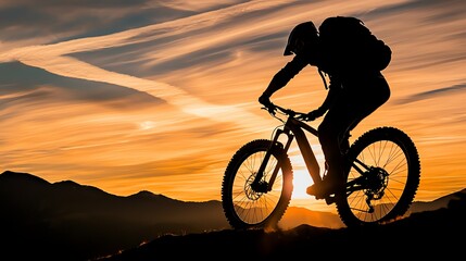 Obraz premium Silhouette of a mountain biker riding against a stunning sunset backdrop.
