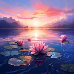 A serene sunset over a still lake with pink water lilies floating on the surface.