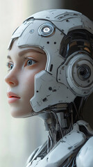 Fototapeta premium Female robot face, Artificial intelligence concept, humanoid head representing futuristic technology and artificial intelligence