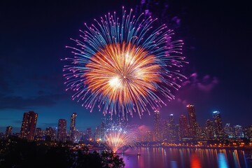 Fototapeta premium Fireworks exploding over toronto skyline at night
